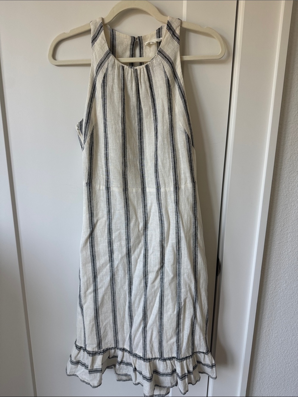 A Loves A Cream and Navy Striped Midi Dress with Ruffle Hem